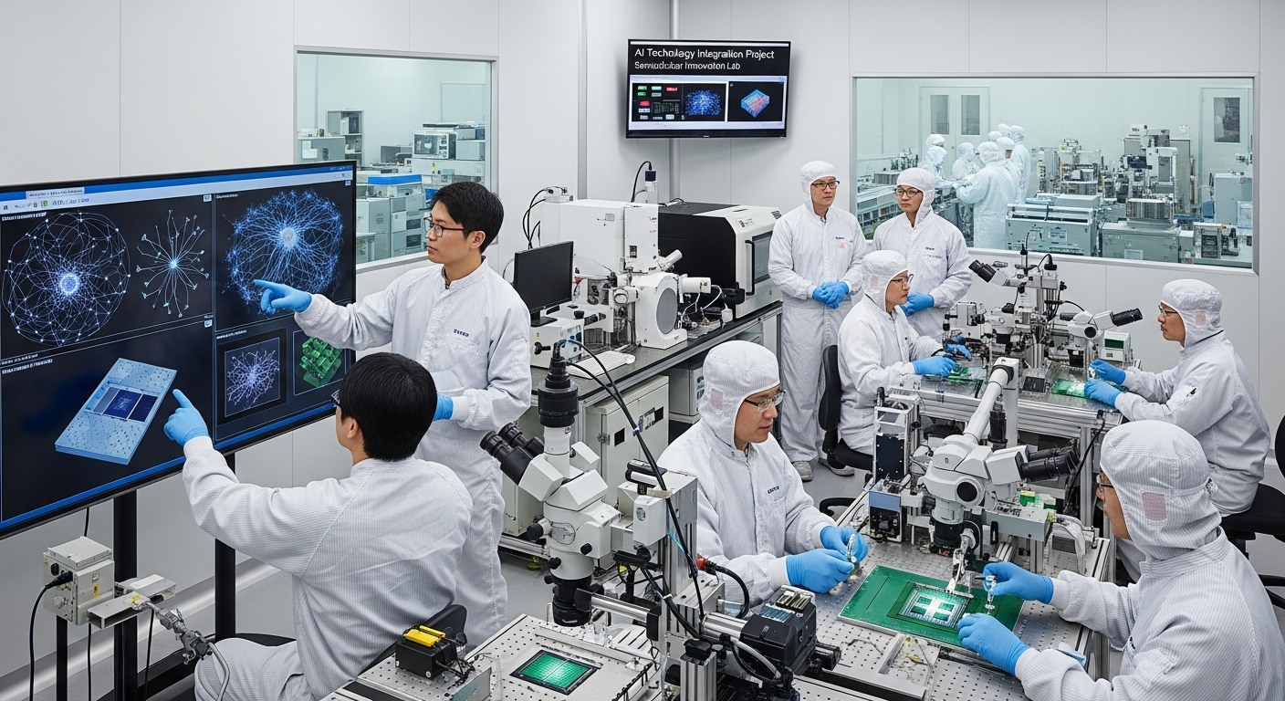 최첨단 반도체 연구실에서 한국과 일본 엔지니어들이 AI 기술을 함께 개발하는 장면