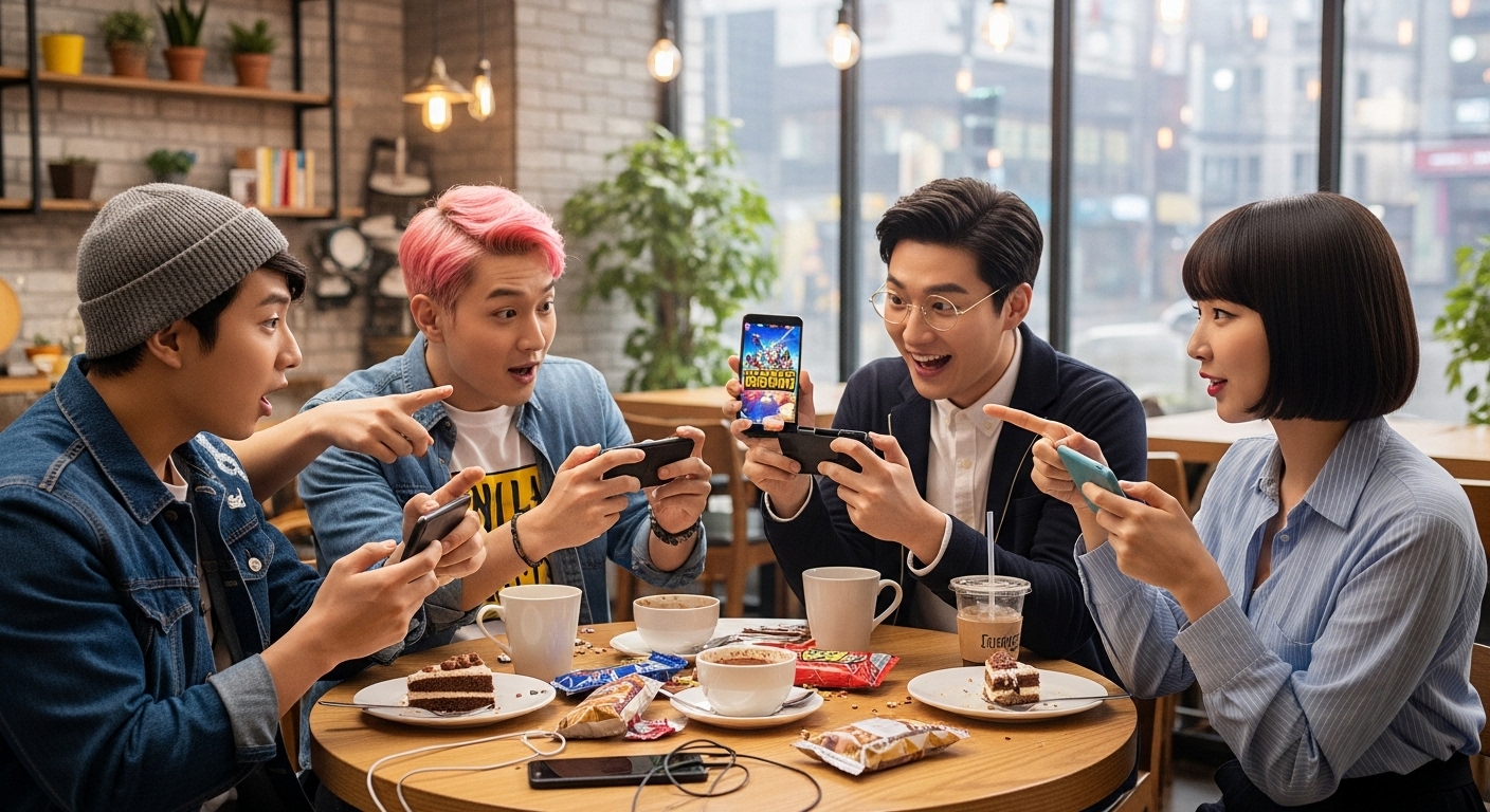 새로운 모바일 게임 출시 소식을 카페에서 스마트폰을 들고 토론하는 게이머들