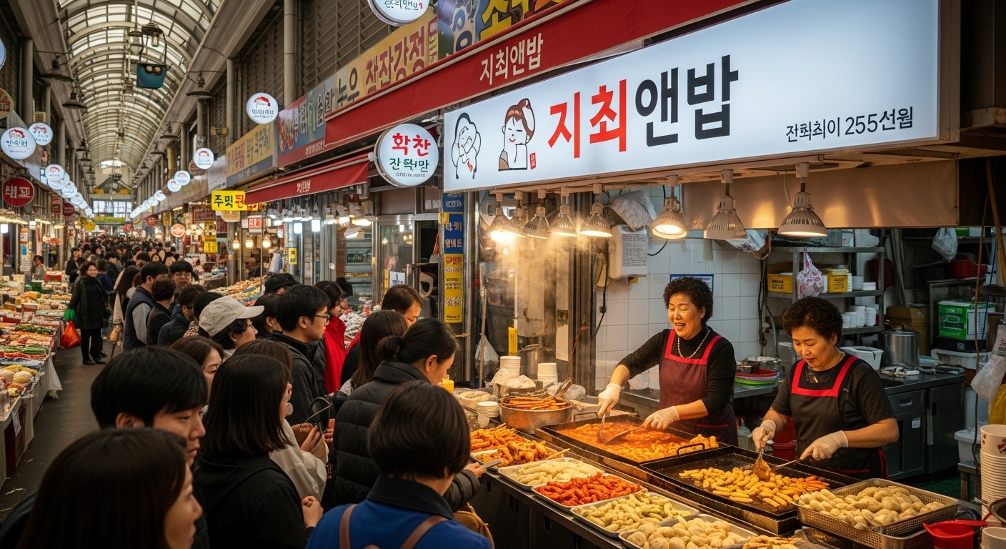 활기 넘치는 광장시장에서 사람들이 줄 서 있는 모습과 이모님 두 분이 운영하는 기철이네