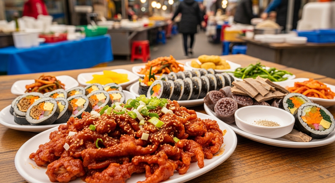 시장 분위기의 테이블 위 닭발, 김밥, 순대 등의 한국 음식 클로즈업