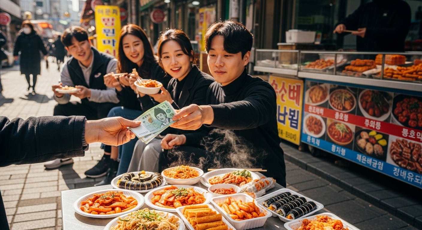 야외에서 시장 음식을 즐기는 젊은 사람들과 현금 결제 장면
