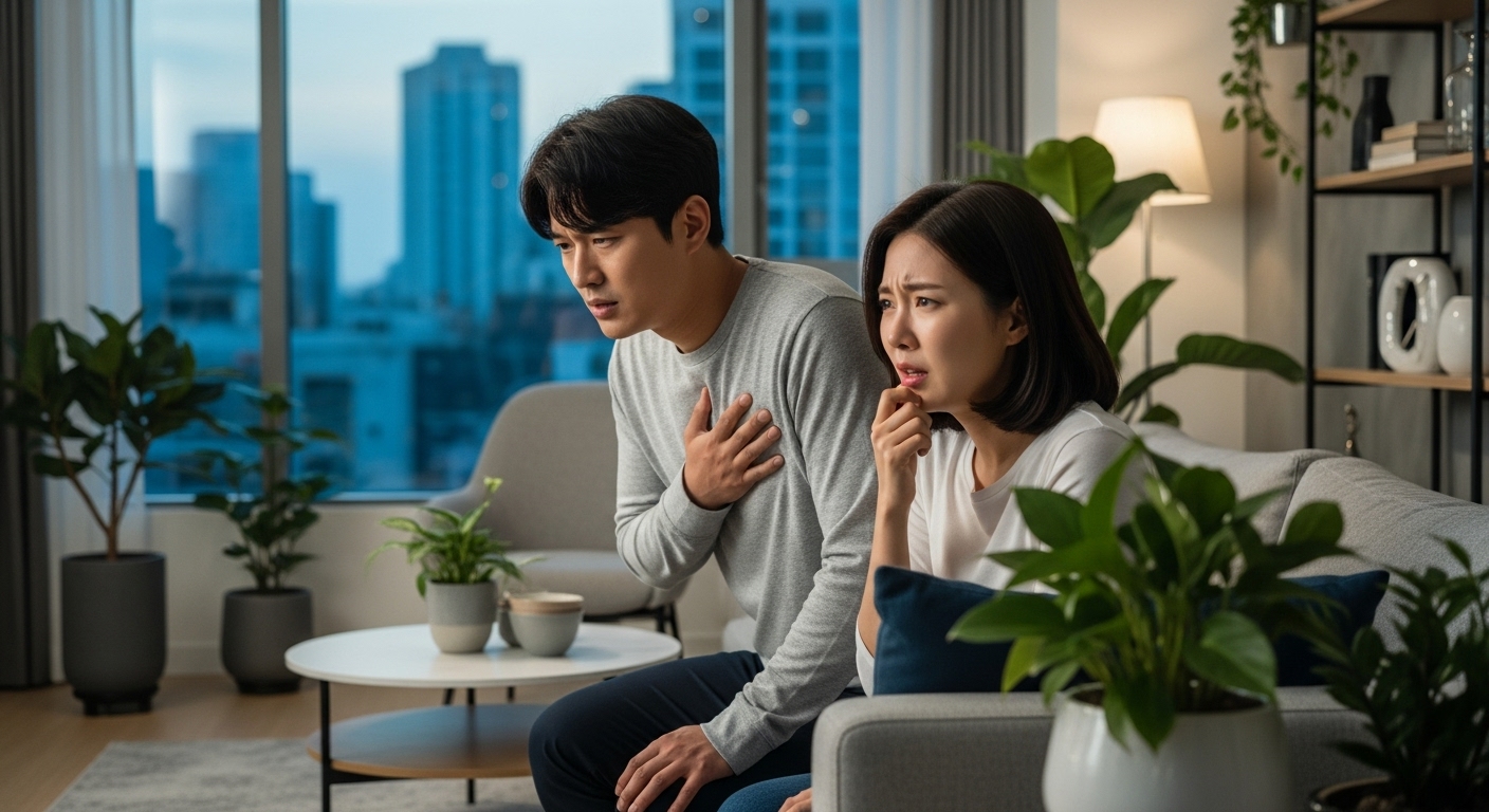 현대적 아파트에서 숨 가쁨을 겪고 있는 남성과 여성의 모습