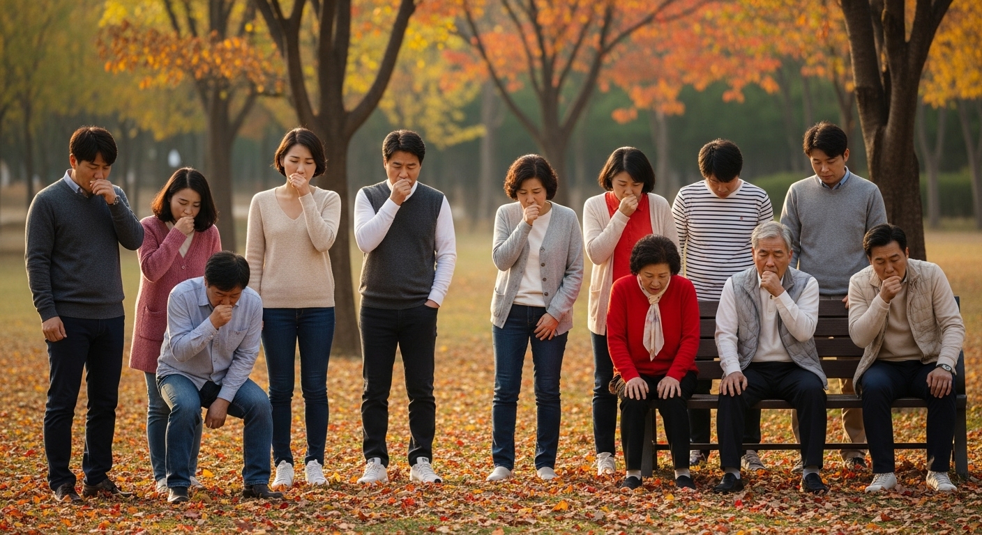 다양한 연령대의 사람들이 공원에서 기침과 피로를 느끼고 있는 장면