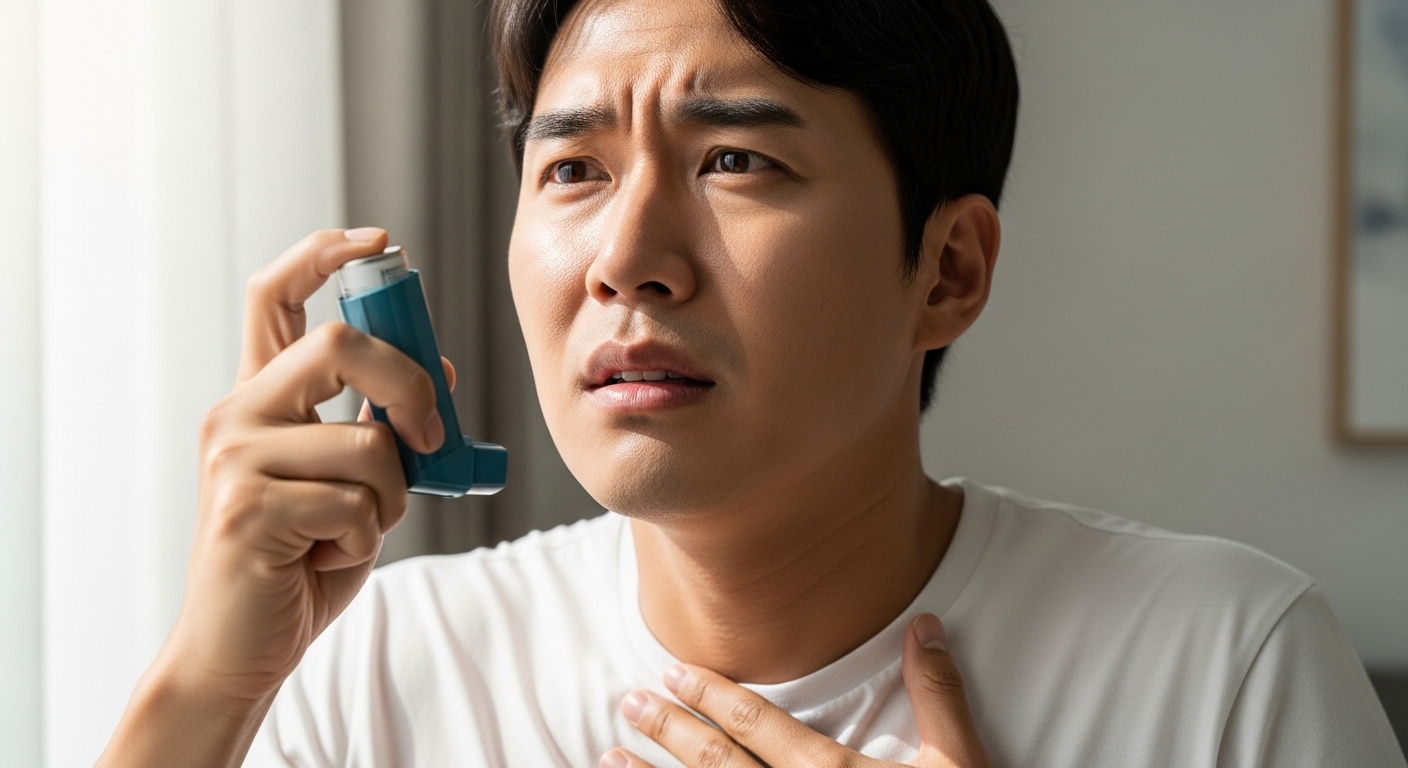 흉부를 잡고 흡입기를 사용하는 남성의 근접 촬영 모습