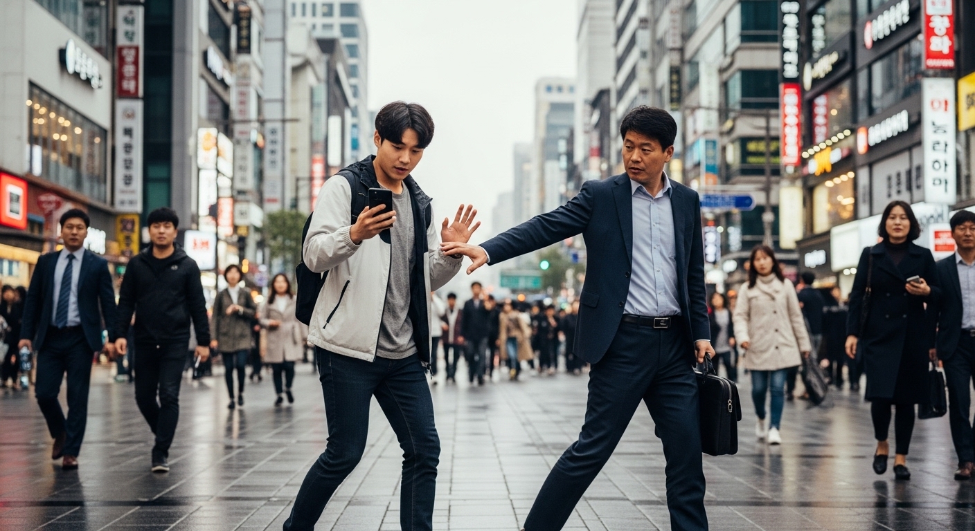 서울 거리에서 걷다가 다른 보행자와 우연히 부딪치는 사람