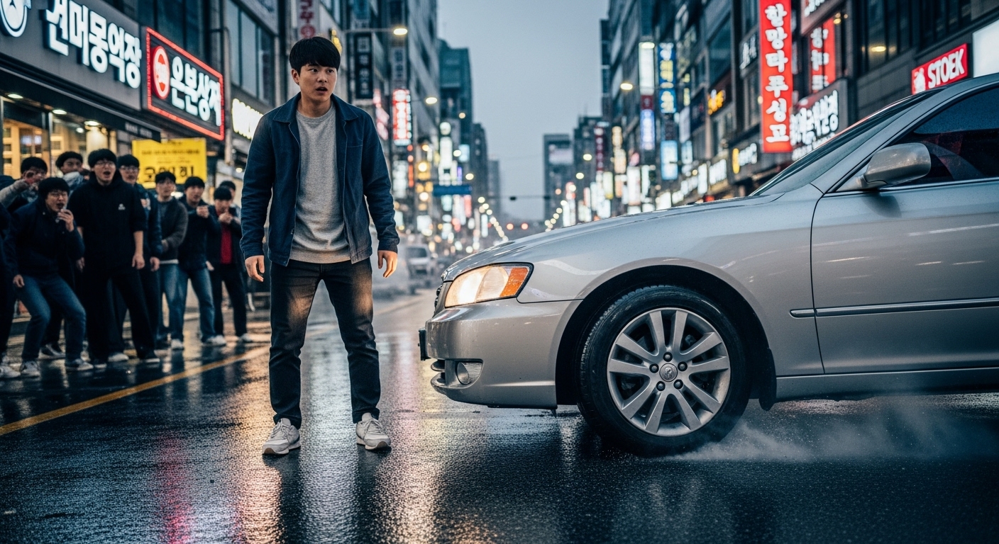 도심 인도에서 가만히 서 있는 사람에게 다가오는 차가 충돌하는 장면