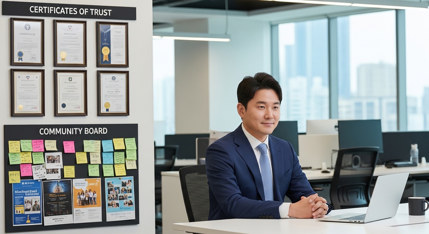 신뢰성과 커뮤니티 보드를 벽에 둔 사무실에서 일하는 직장인의 모습