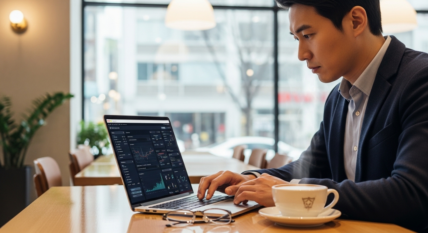 현대적인 카페에서 노트북으로 고급 검색 시스템을 사용하는 사업가