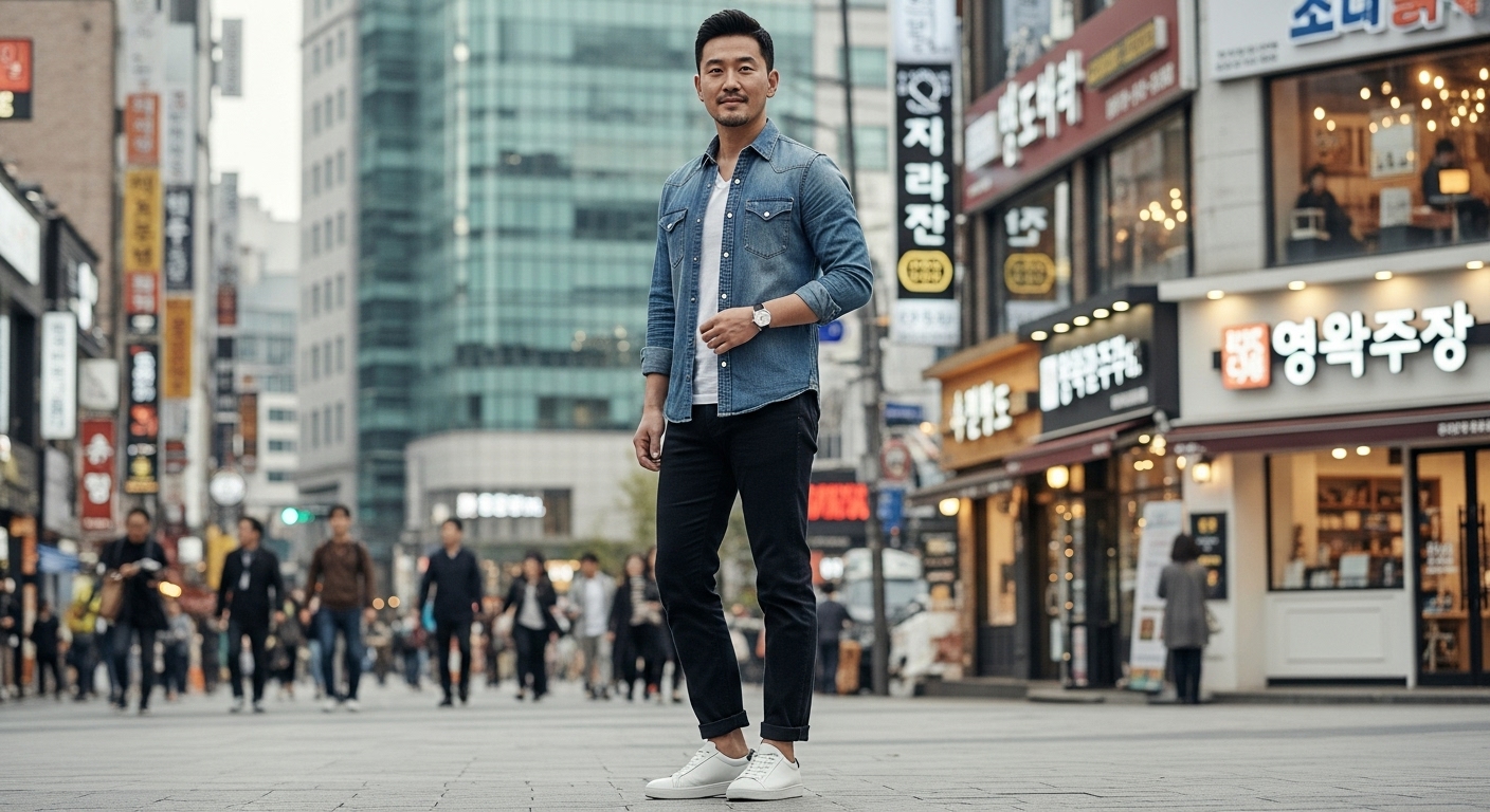 서울 거리에서 미니멀한 패션을 입고 있는 40대 남성의 모습