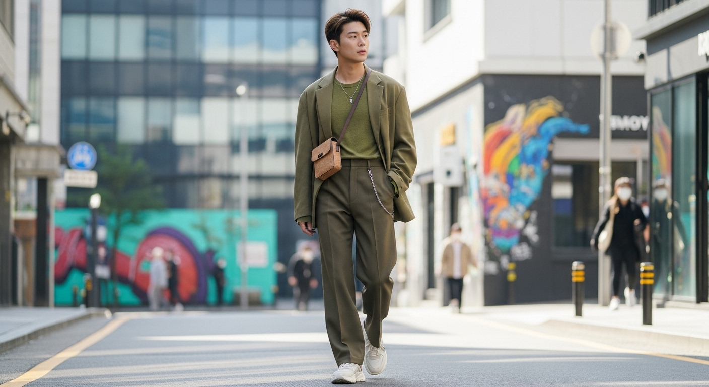 도시 환경에서 톤온톤 스타일링을 시도하는 남성의 친환경적인 패션