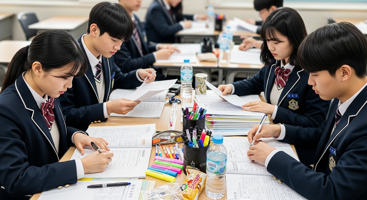 고등학생들이 책상에 앉아 서류를 정리하며 수능 예비소집 준비물 체크리스트를 확인하는 모습