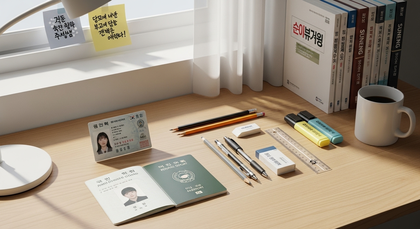 신분증, 사진, 필기구 등이 놓인 책상 위의 모습