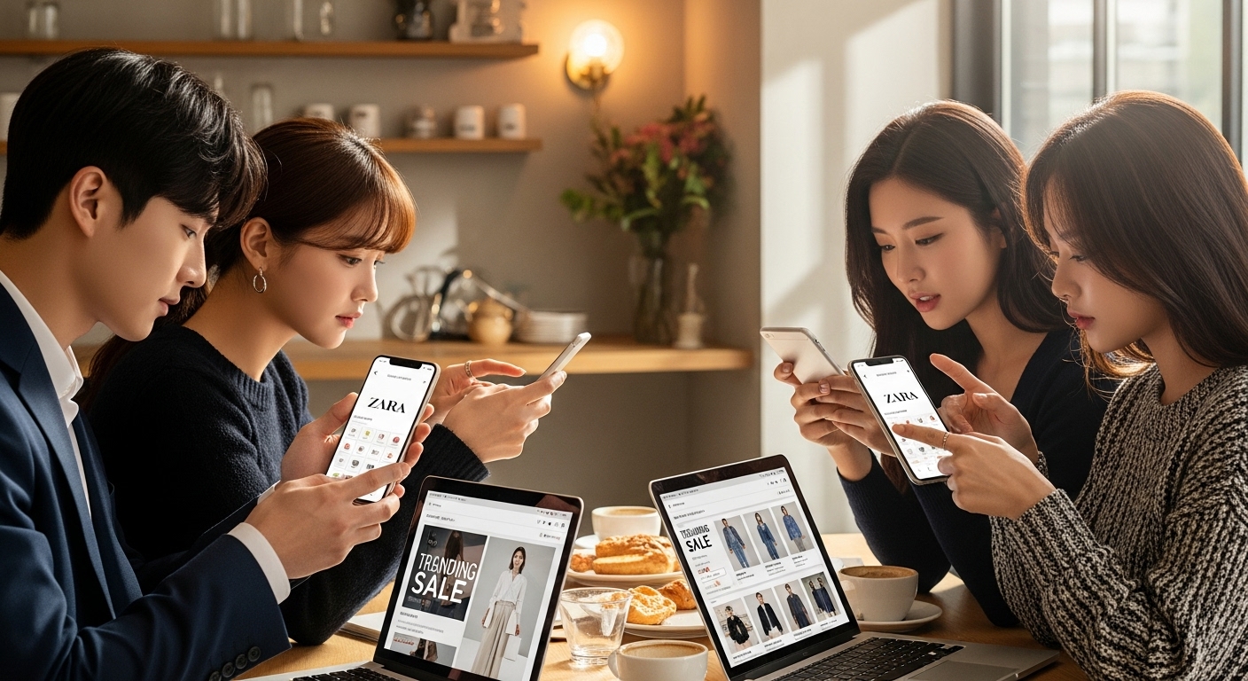 패션 트렌드와 세일을 체크하며 자라 앱에서 위시리스트를 정리하는 젊은 한국인들