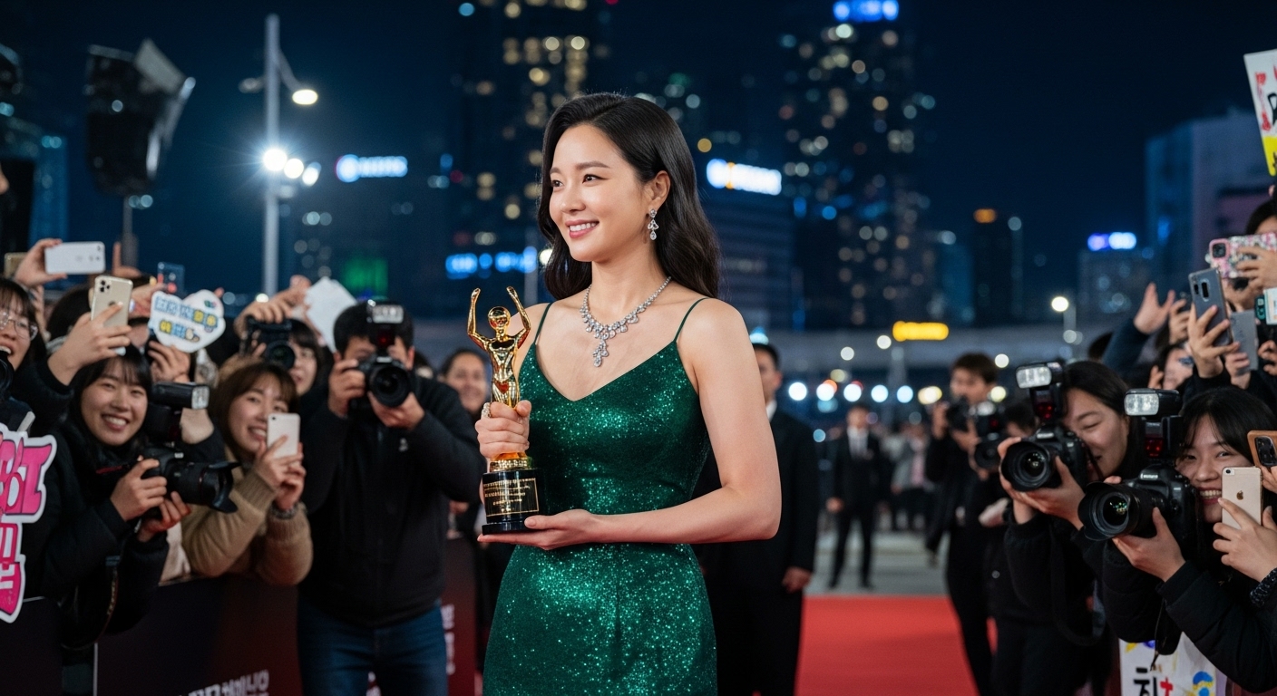 현대적인 도시 배경에서 팬과 사진사에게 둘러싸인 여배우가 상을 들고 있는 모습