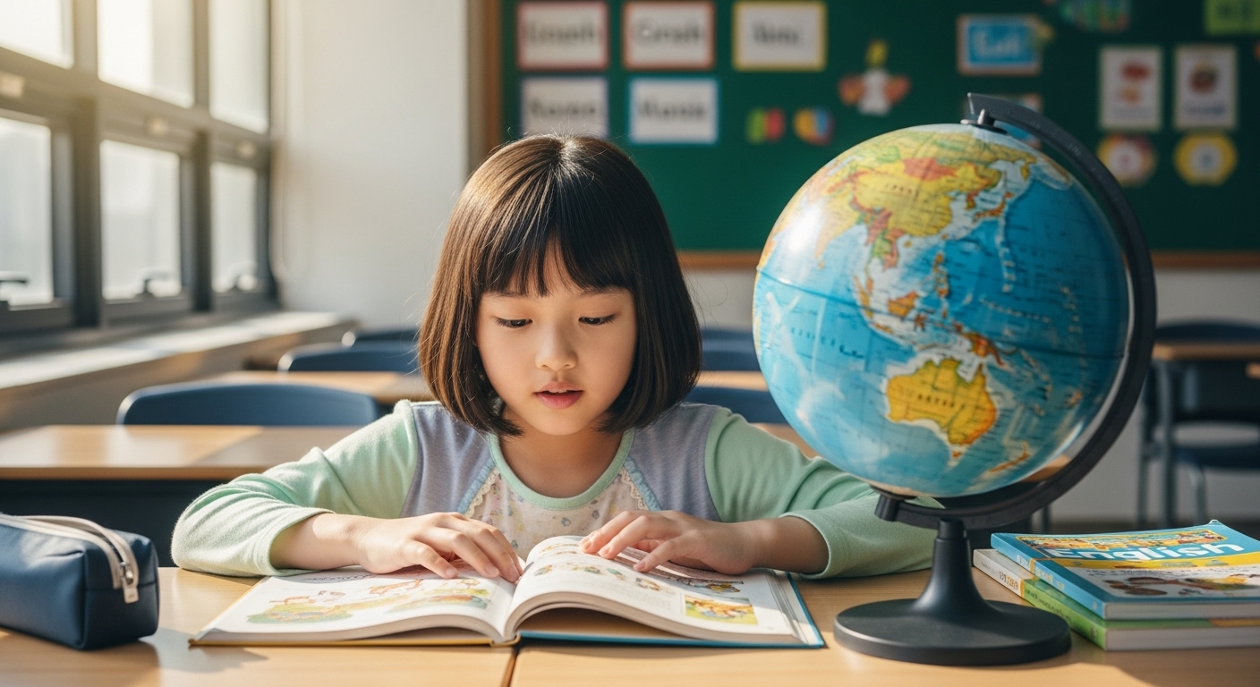 영어 책과 지구본이 있는 밝은 학습 환경 속 어린 소녀