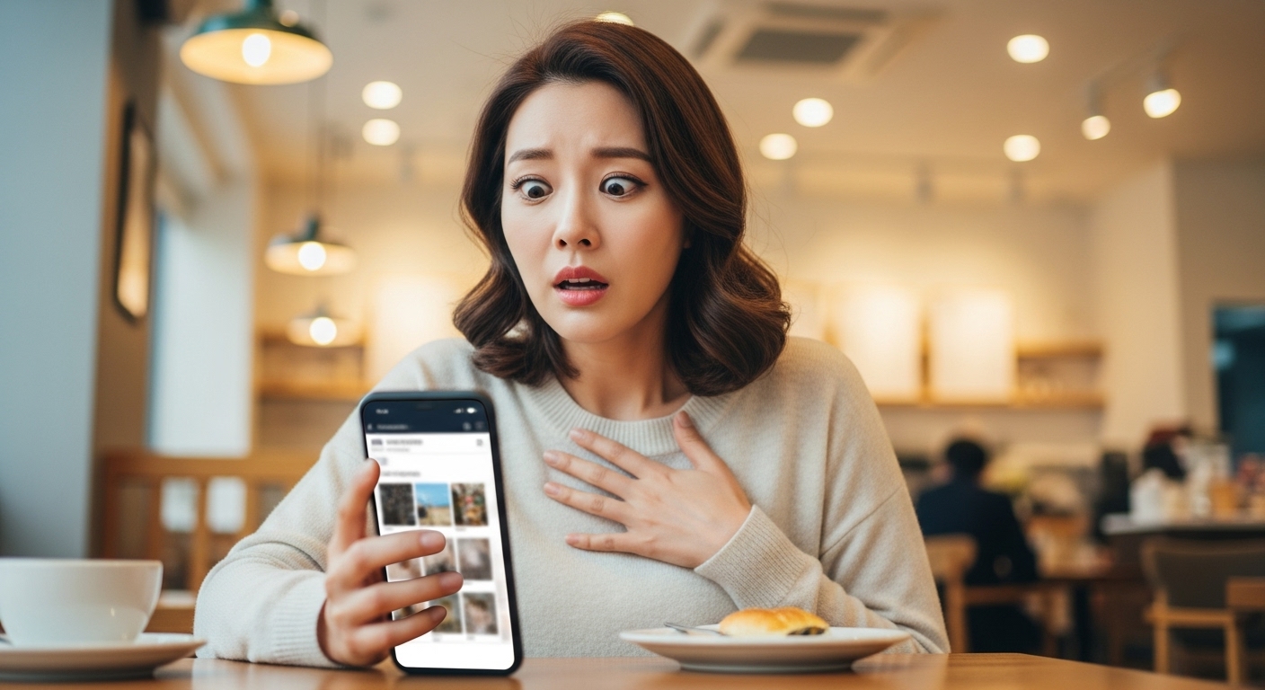 카페에서 스마트폰을 보며 걱정하는 여성의 모습