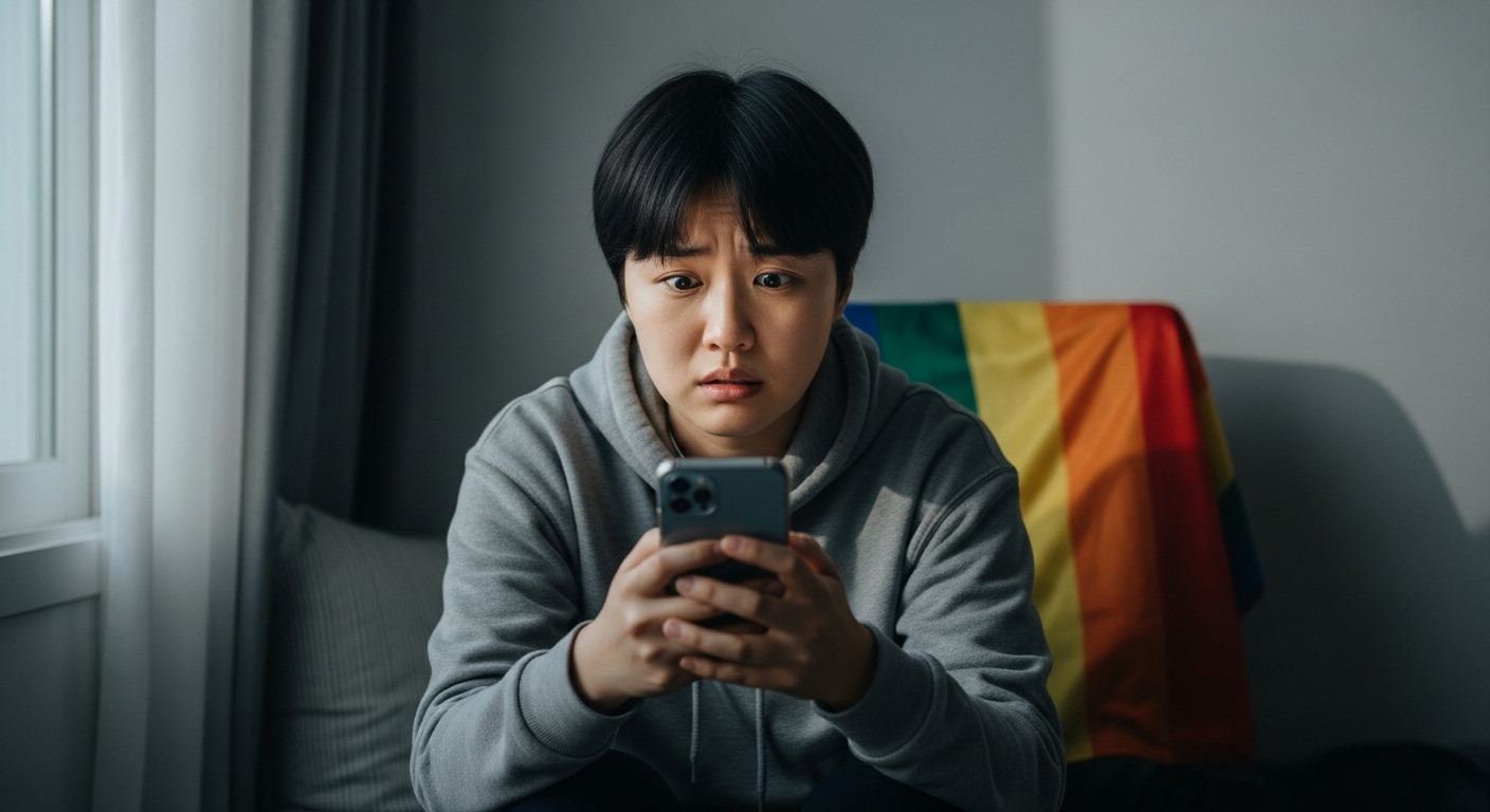 조용한 방에서 불안하게 스마트폰을 보는 젊은이