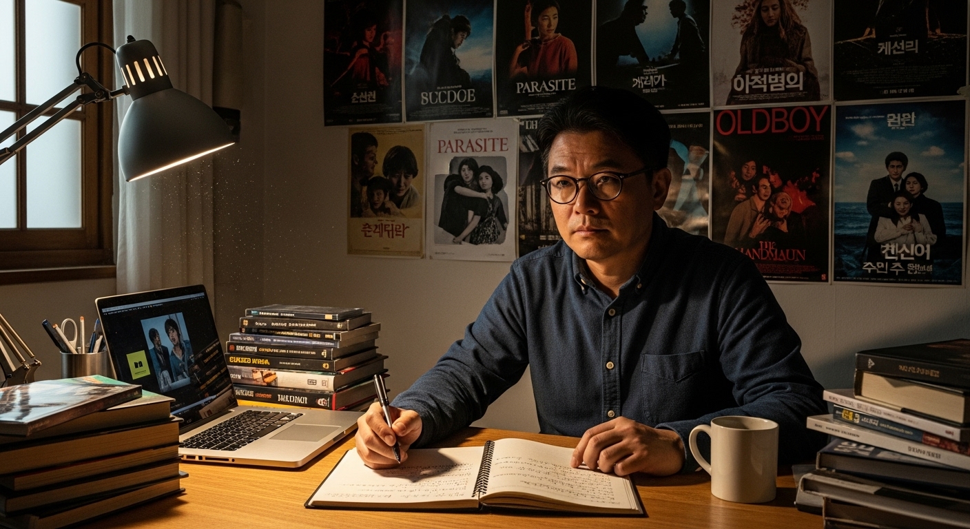 어두운 방에서 영화 평론을 작성하는 평론가의 모습