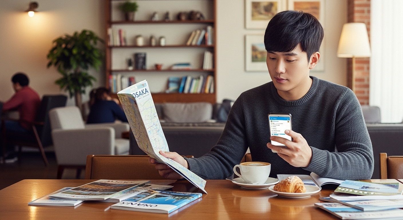 한 카페에서 오사카 여행을 계획 중인 젊은 여행객의 모습