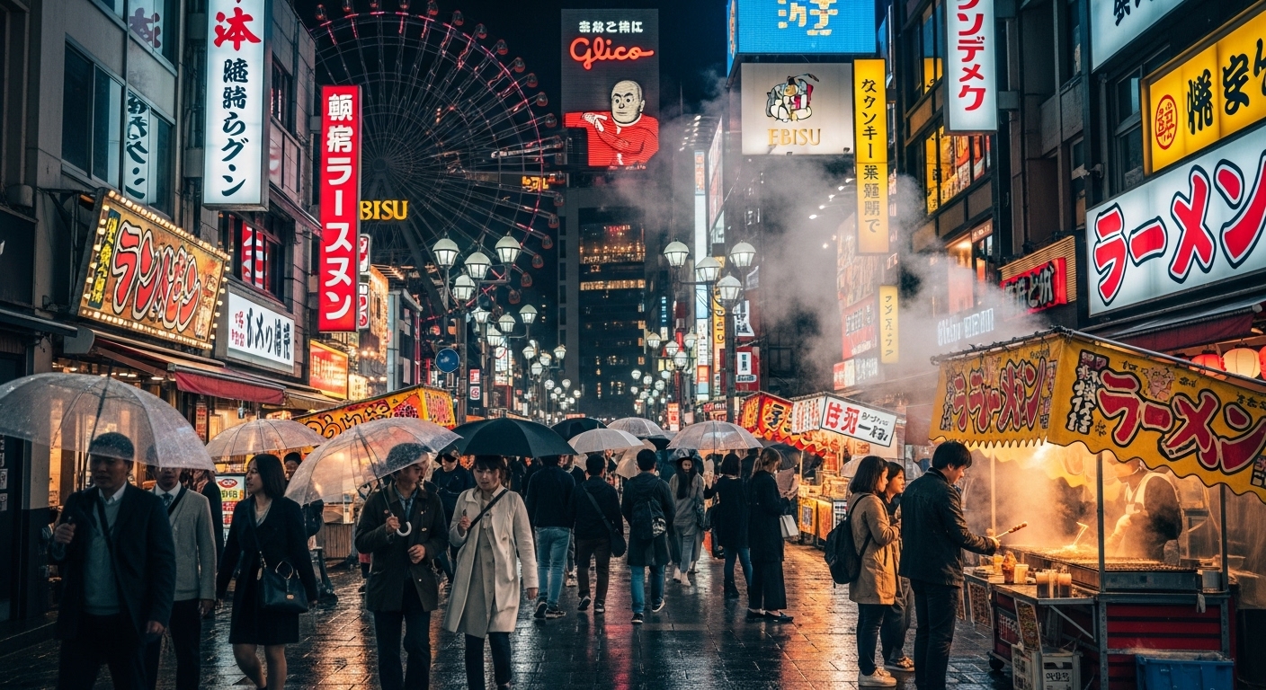 화려한 네온 사인이 빛나는 도톤보리 거리의 활기찬 야경