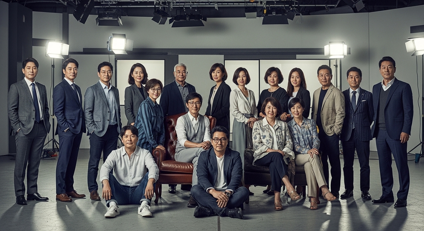 다양한 세대의 한국 배우들이 현대적인 스튜디오에서 촬영 중인 모습