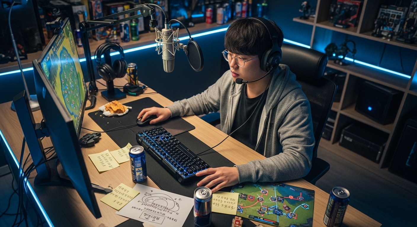 젊은 게이머가 게임 지도 위에서 유닛 배치를 실험하며 주변에 노트와 전략들이 보이는 모습