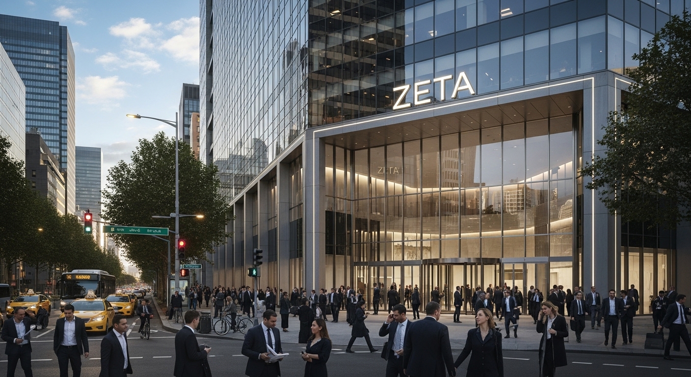 ZETA 로고가 있는 대형 건물 앞 바쁜 도시 환경과 다양한 직장인들의 모습