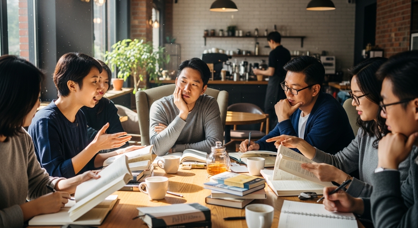 카페에서 모여 활발히 토론하는 한국인들, 책과 노트북이 놓인 테이블