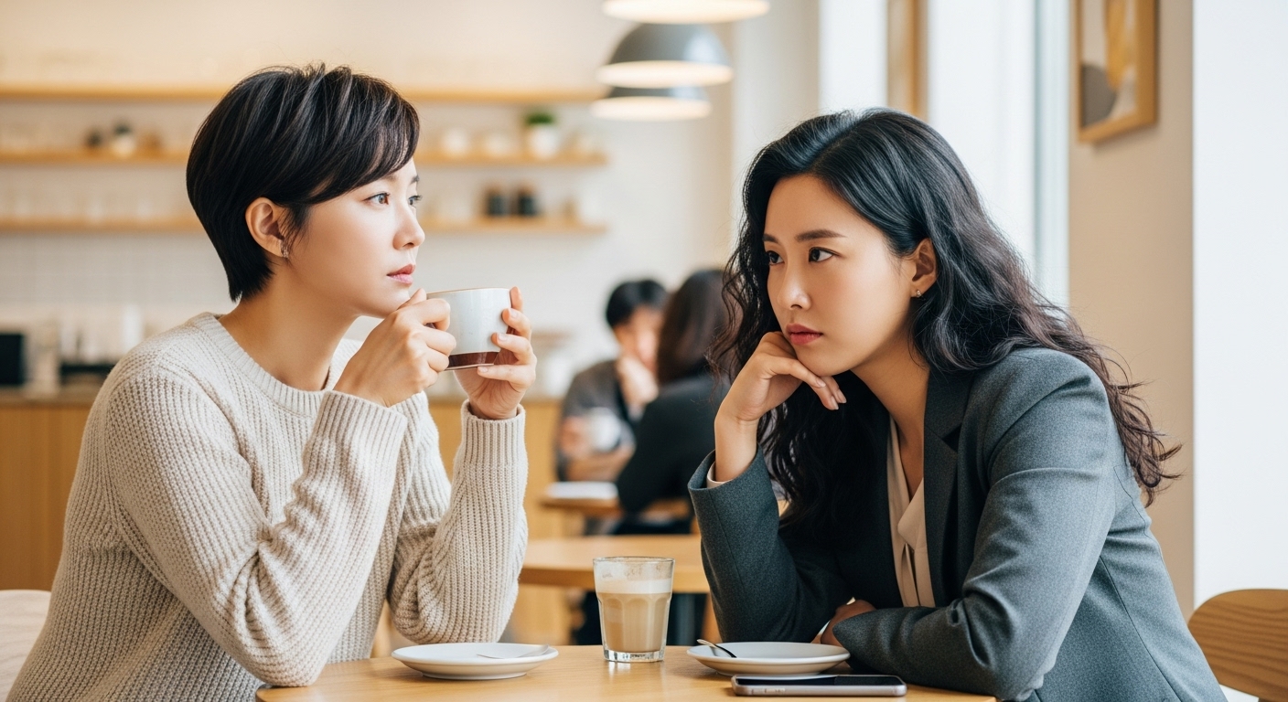 현대적인 카페에서 커피를 마시며 대화하는 두 여성
