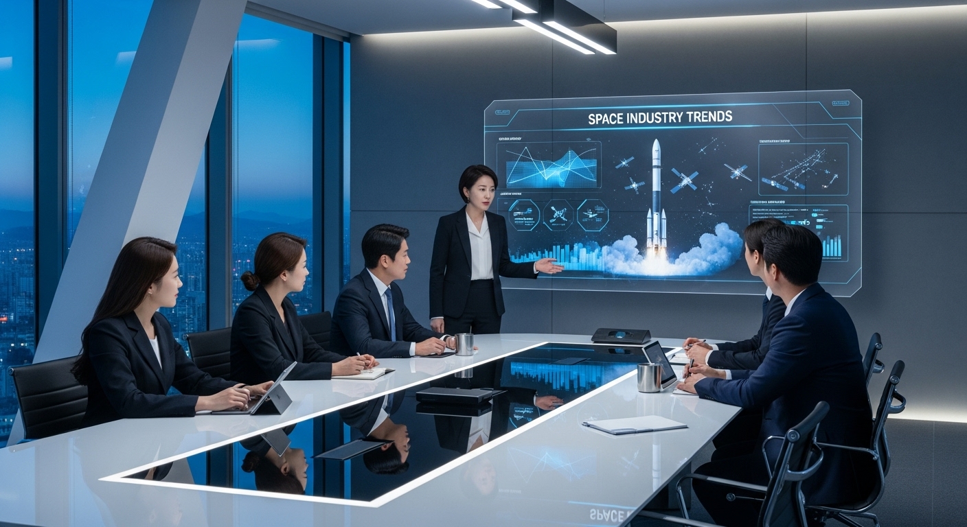 현대적 사무실에서 우주산업 관련 프레젠테이션을 하는 비즈니스 회의