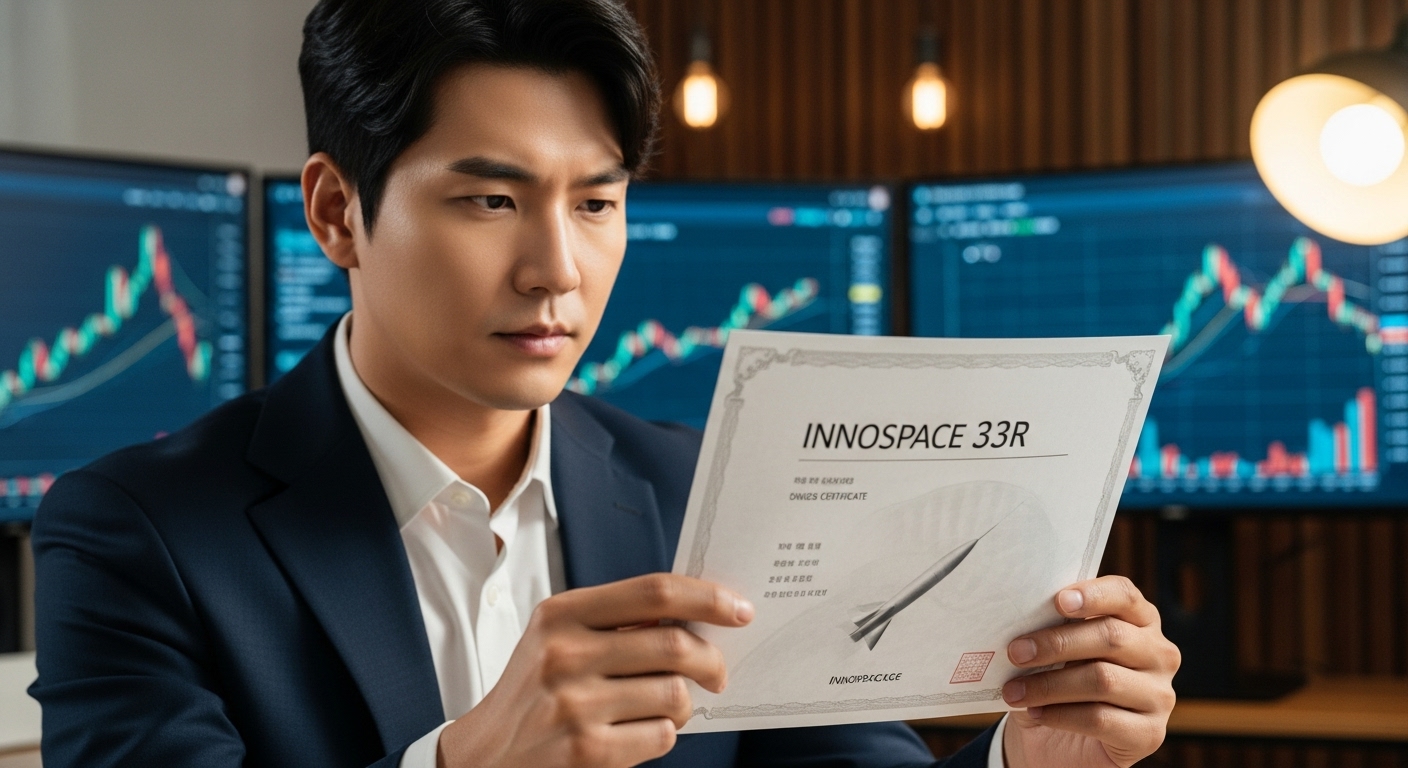 '이노스페이스 33R' 증서를 들고 주식 차트를 분석하는 투자자의 모습