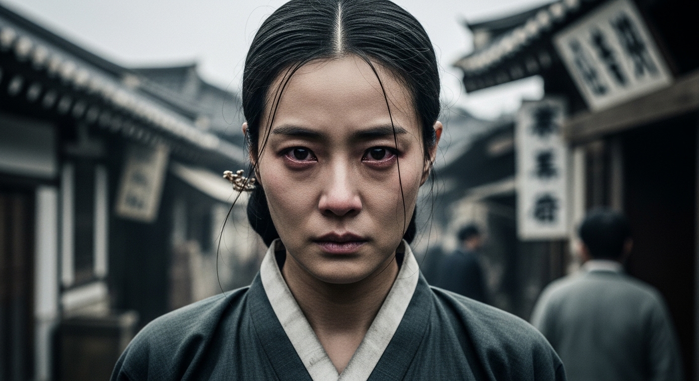 일제강점기 배경에서 전통 의상을 입고 깊은 내면적 고뇌를 표현하는 여성