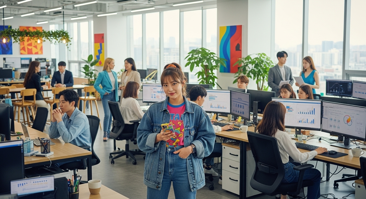 레트로한 90년대 패션을 입고 활기찬 사무실에서 당당한 젊은 여성