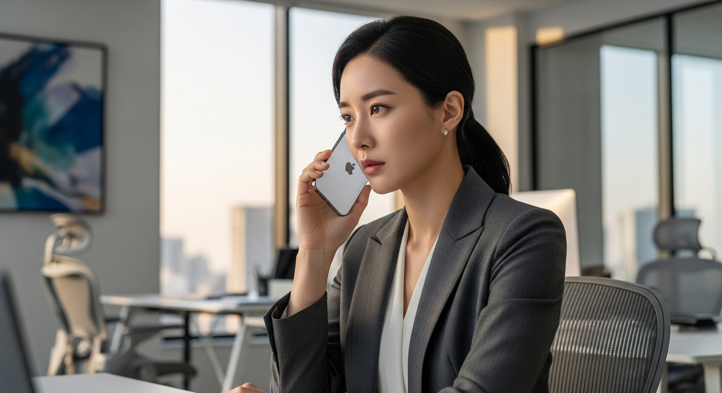 현대적 사무실에서 업무 통화를 하는 한국인 직장인의 모습