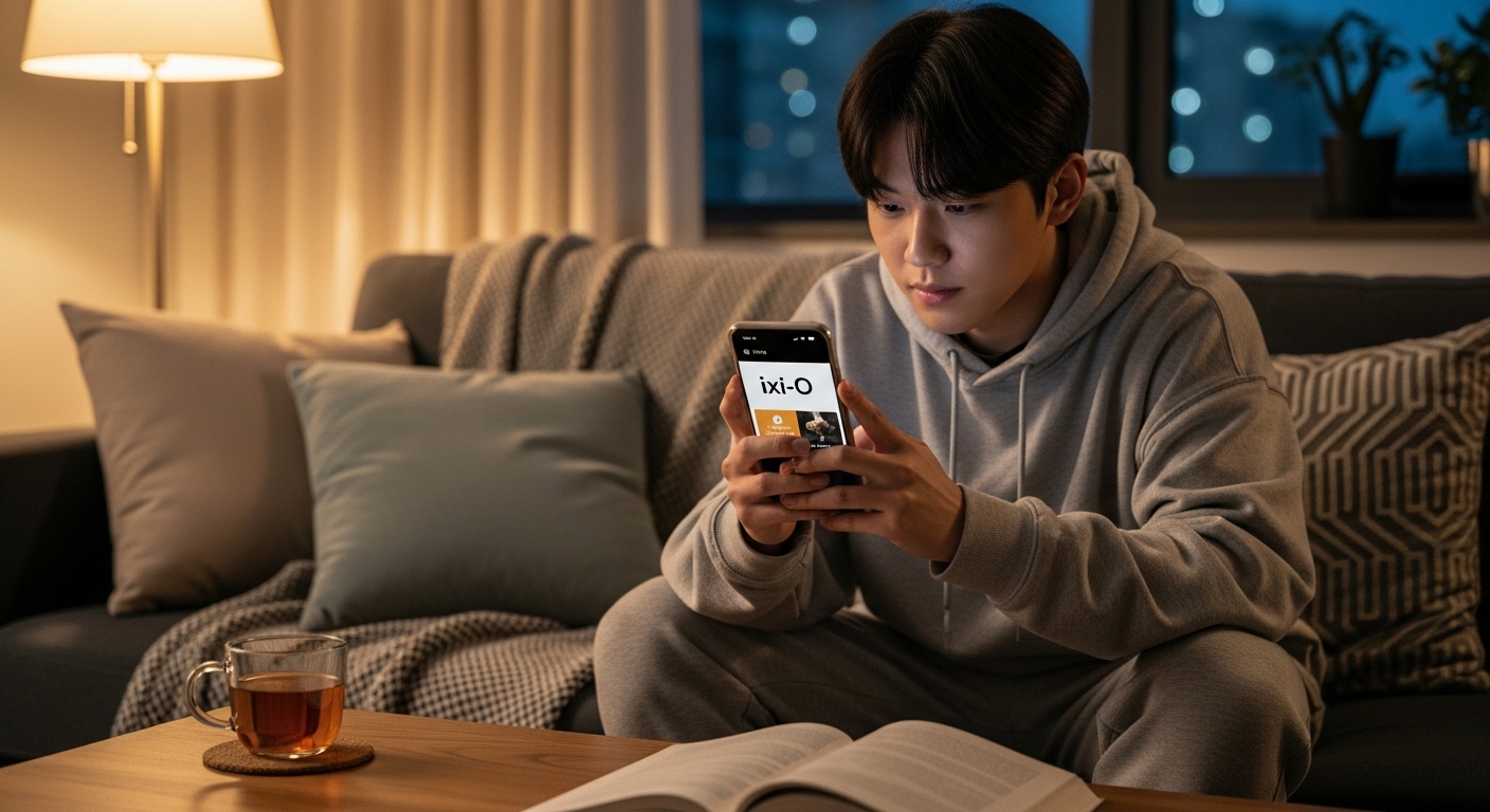 집에서 편안하게 익시오 앱을 사용하는 한국 학생의 모습