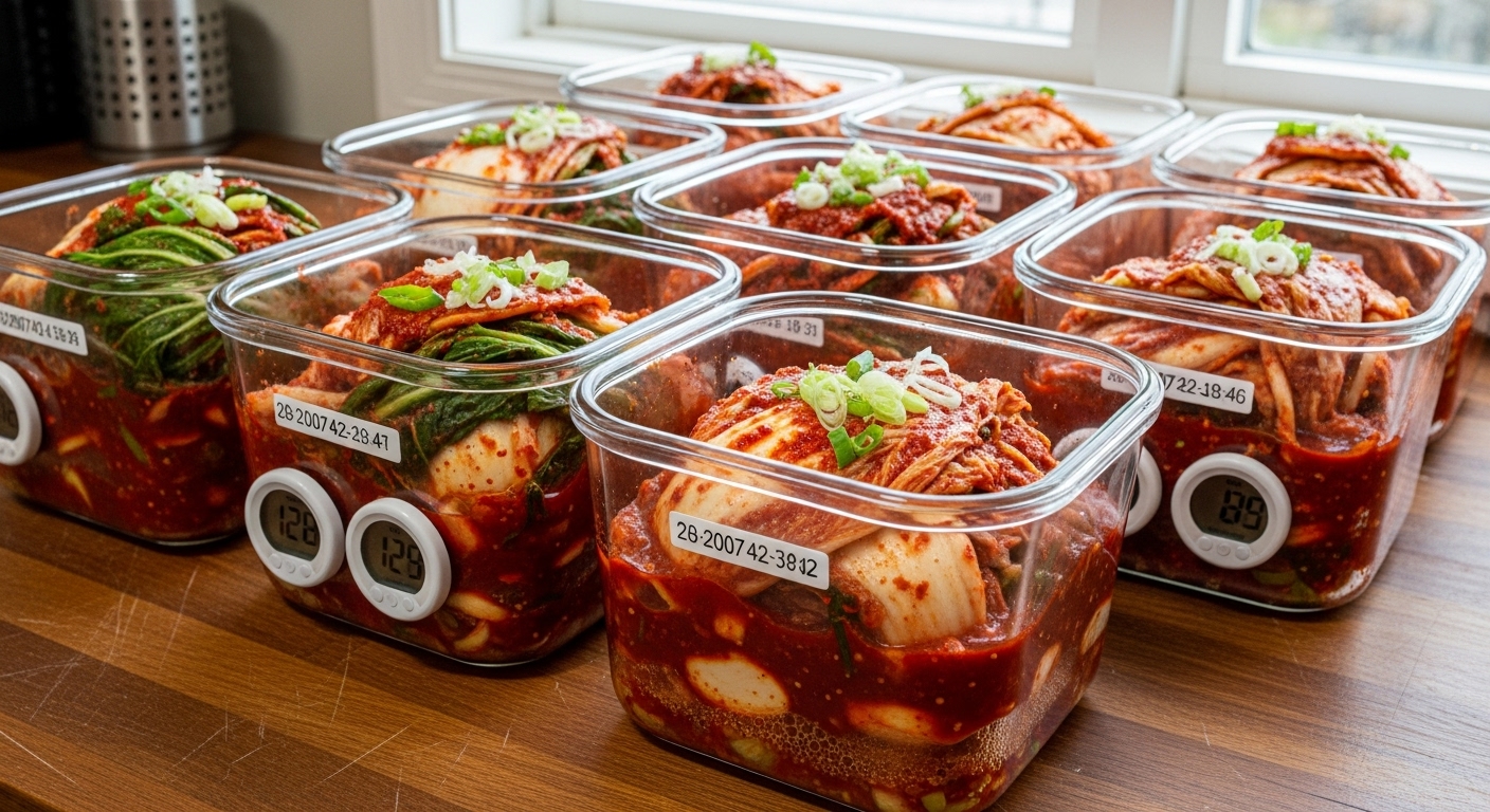 밀폐 용기에 담긴 김치가 실온에서 숙성되는 모습을 보여주는 장면