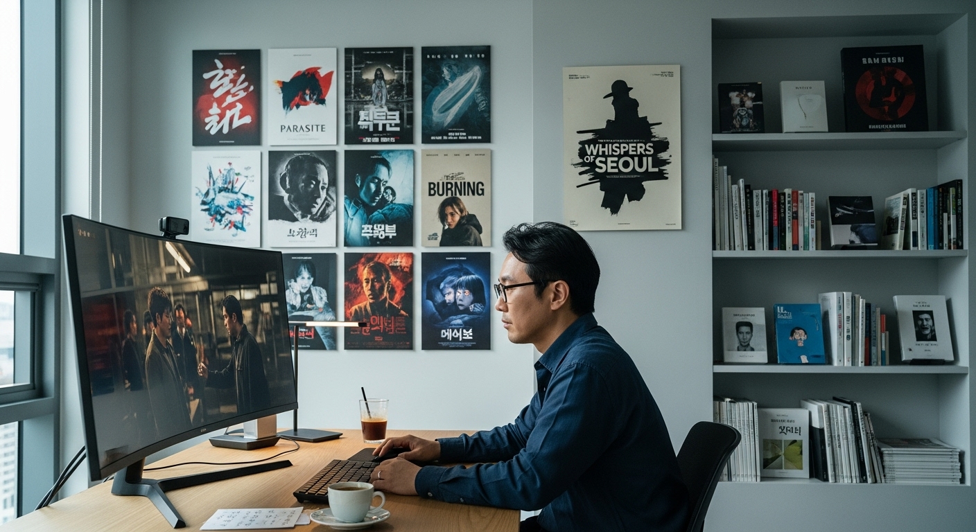 현대적인 사무실에서 논란이 많은 영화를 분석 중인 영화 평론가
