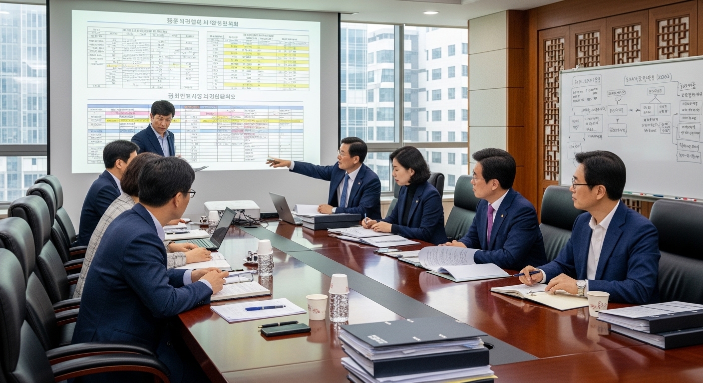 영화 등급 심의를 위한 회의실에서 진지하게 토론 중인 관계자들