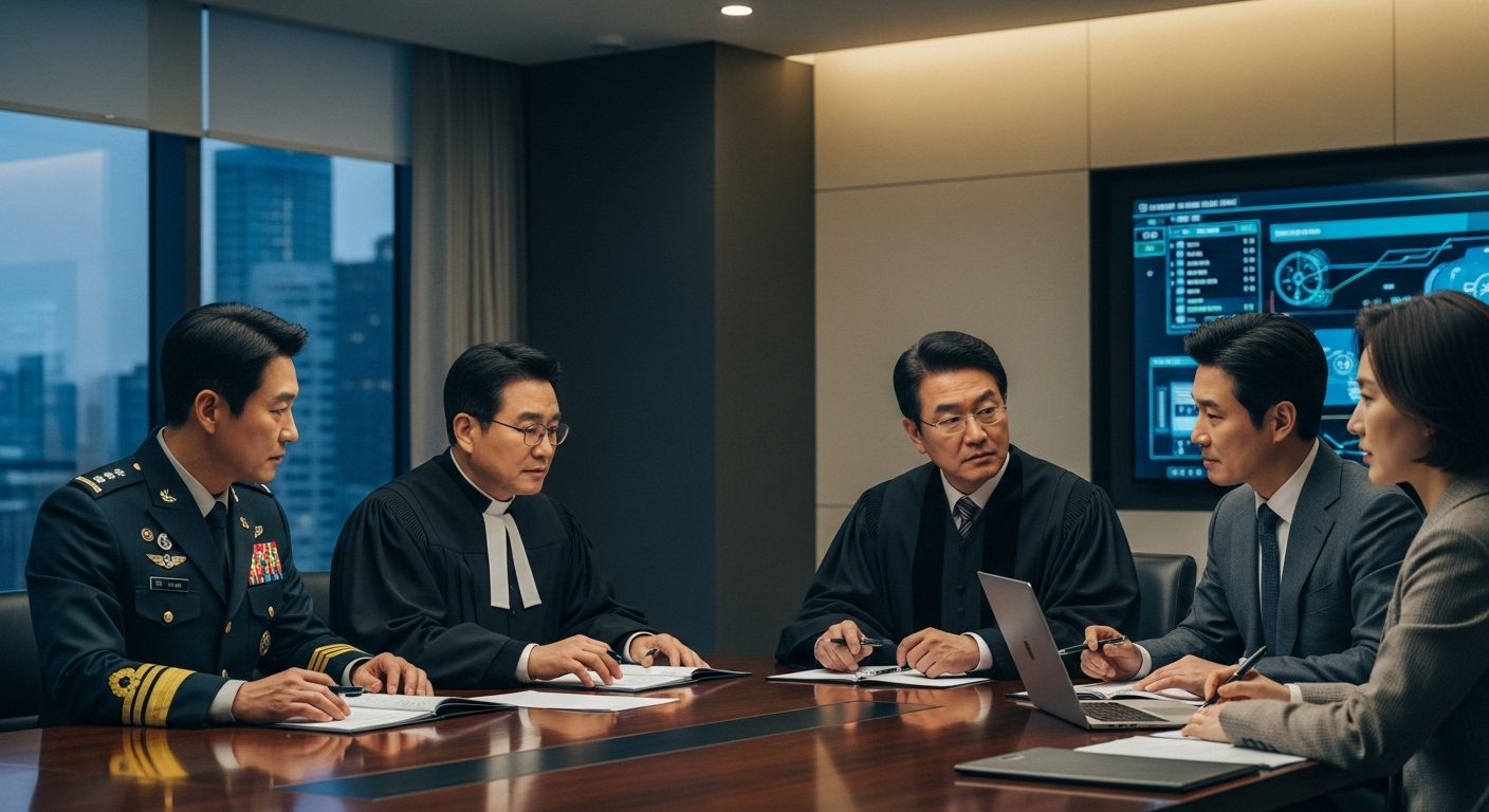 군부, 종교계, 법조계 및 재정계를 대표하는 네 명의 인물이 회의실에서 전략회의를 하는 모습