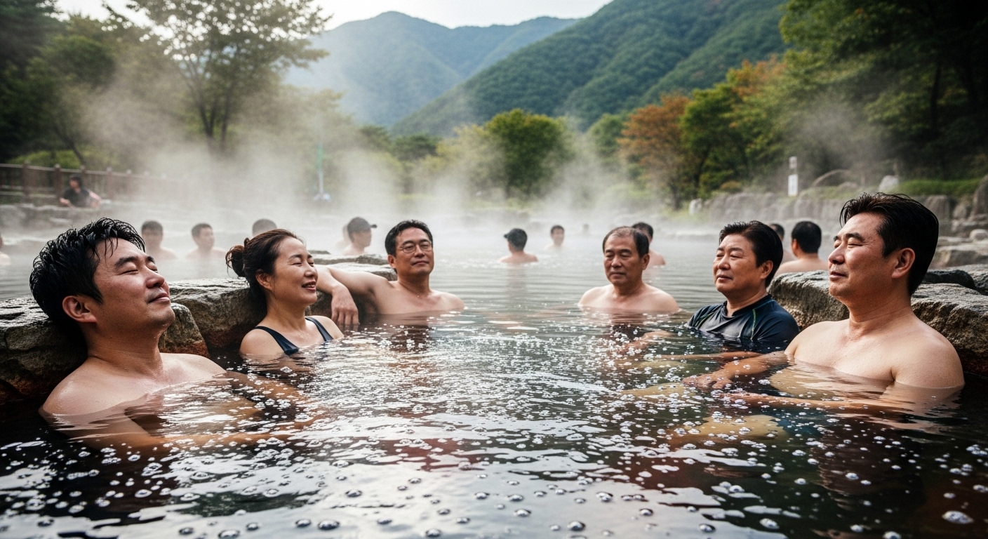 한국인들이 미네랄 가득한 탄산 온천수에 몸을 담그고 편안히 즐기는 모습