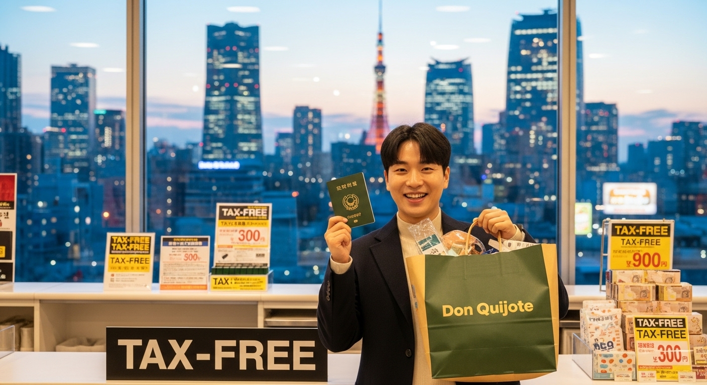 여권과 쇼핑백을 든 관광객이 도쿄 돈키호테 세금 환급 카운터 앞에 서 있는 모습