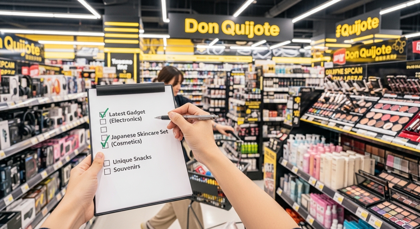 전자제품과 화장품 등이 강조된 체크리스트를 점검하는 쇼핑객