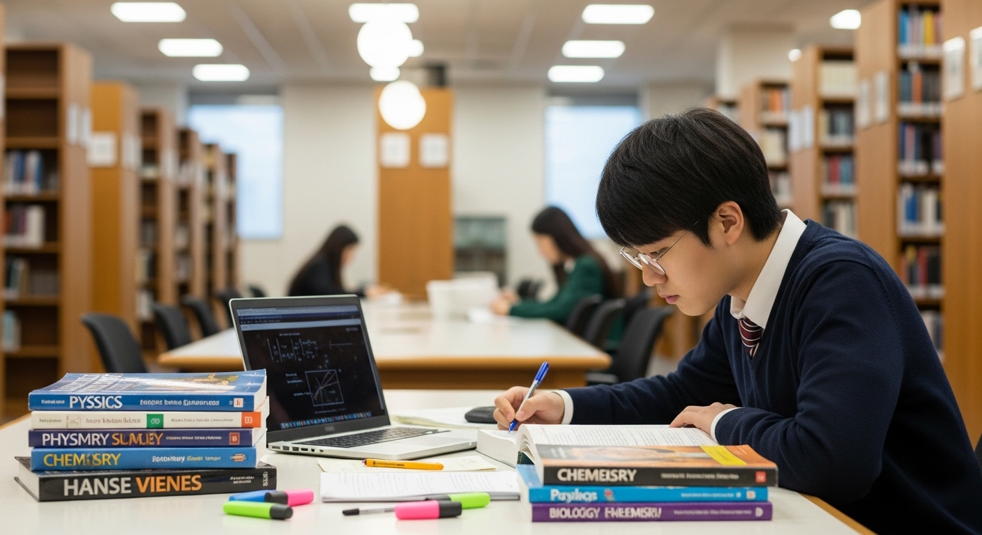 도서관에서 수학과 과학 공부를 통해 가산점을 준비하는 학생