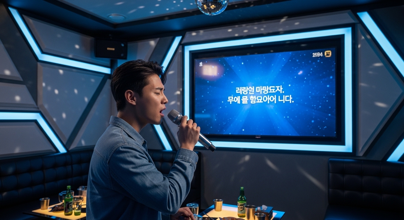 현대적인 한국 노래방에서 젊은 남성이 마이크를 들고 가사 화면을 보며 집중하는 모습