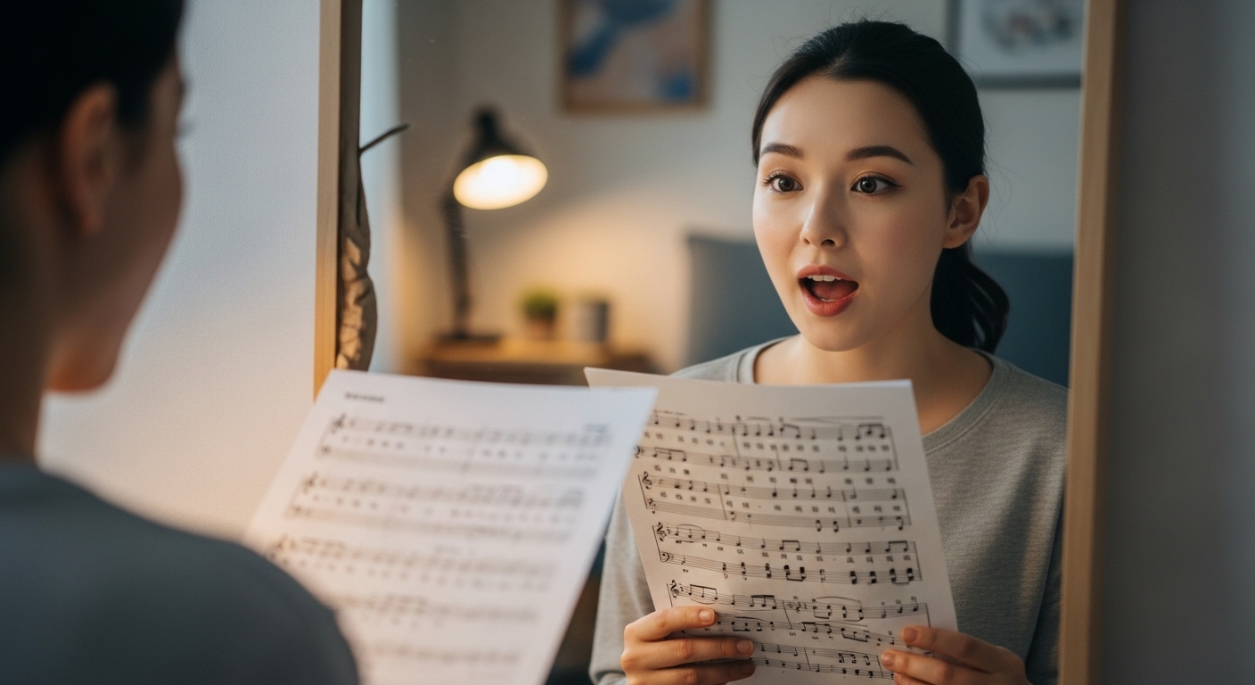 젊은 여성이 악보를 들고 거울 앞에서 주요 구문을 강조하며 발음을 연습하는 모습