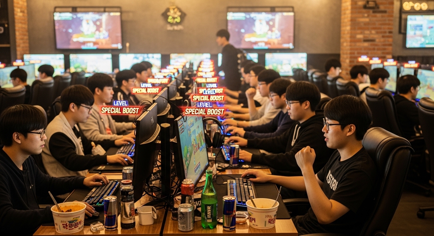 서울의 PC방에서 메이플스토리를 하며 빠르게 레벨업하는 게이머들