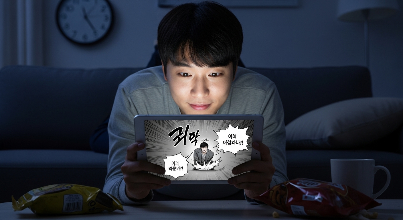 집에서 밤 늦게까지 빠른 전개와 반전으로 가득 찬 스토리에 몰입해 있는 독자의 모습