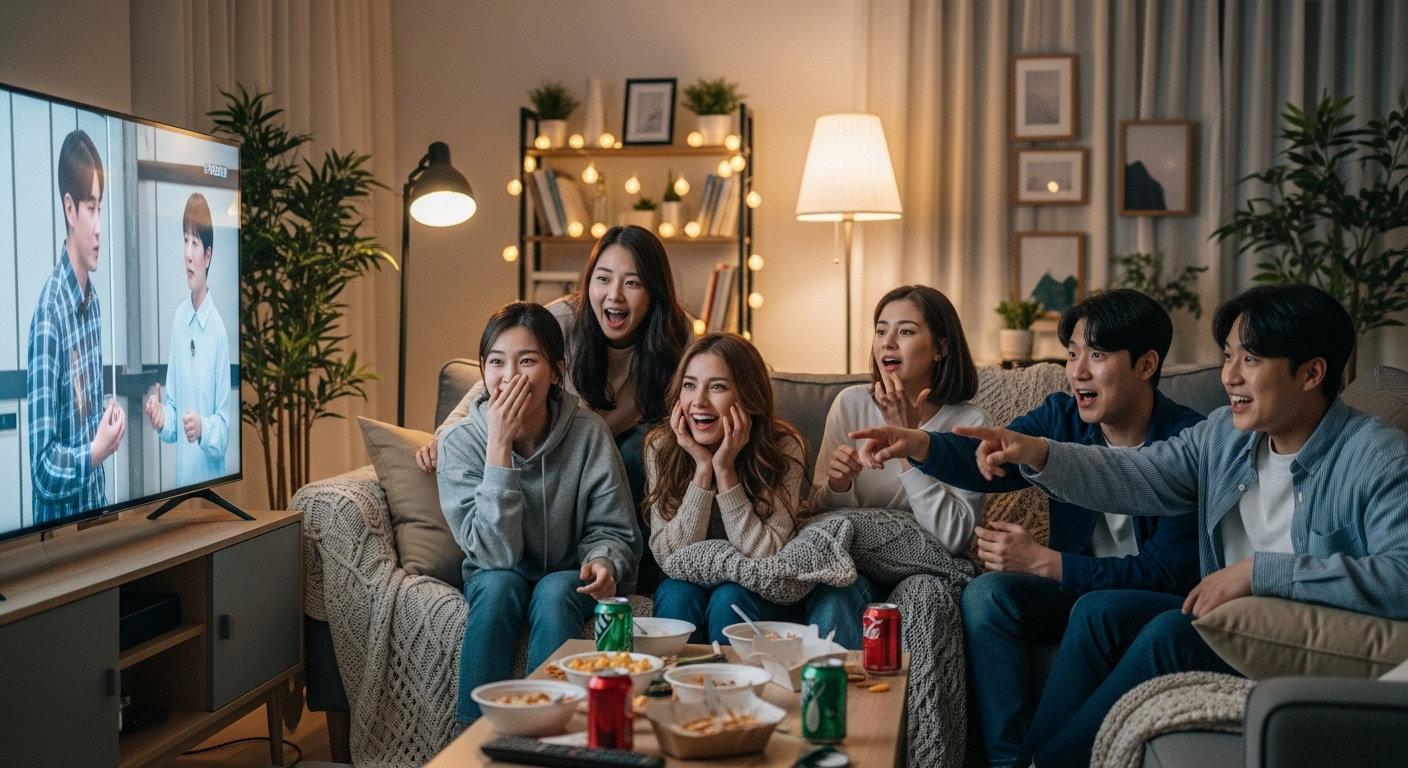 젊은 사람들이 거실에서 TV 프로그램에 열중하는 모습