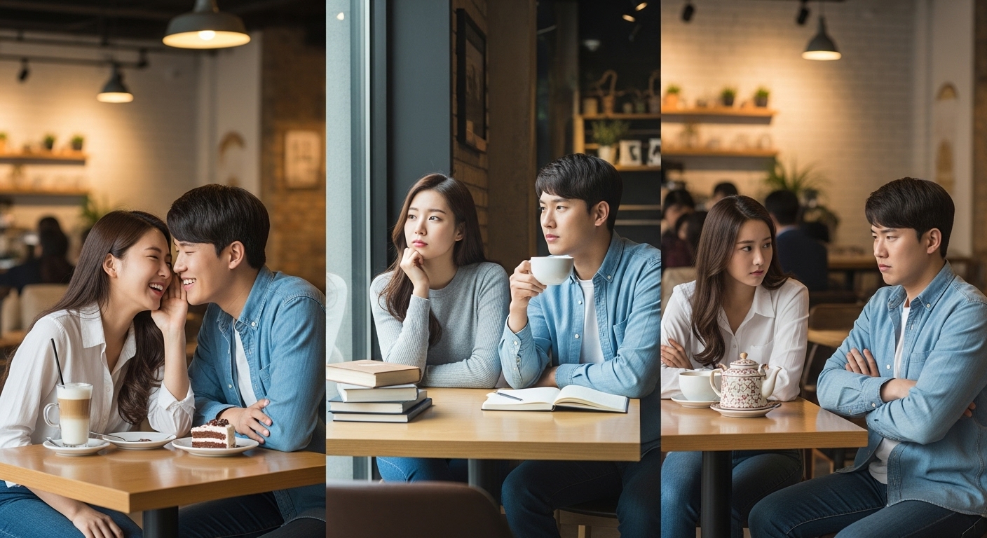 카페에 앉아 다양한 감정을 표현하는 세 쌍의 커플