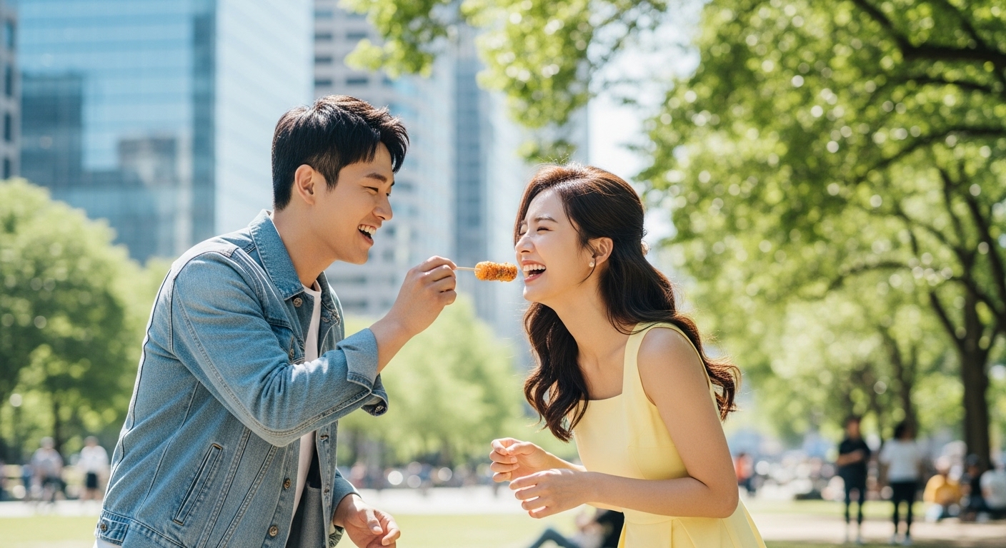 도심에서 야외 데이트를 즐기는 참가자들